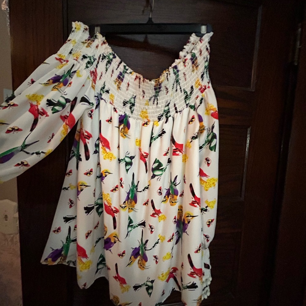 Voom by Joy Han White Smocked Ruffled Blouse